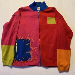 Vintage 80s Richard Sport Sweater Cardigan Womens SMALL Red Pink Blue Eclectic